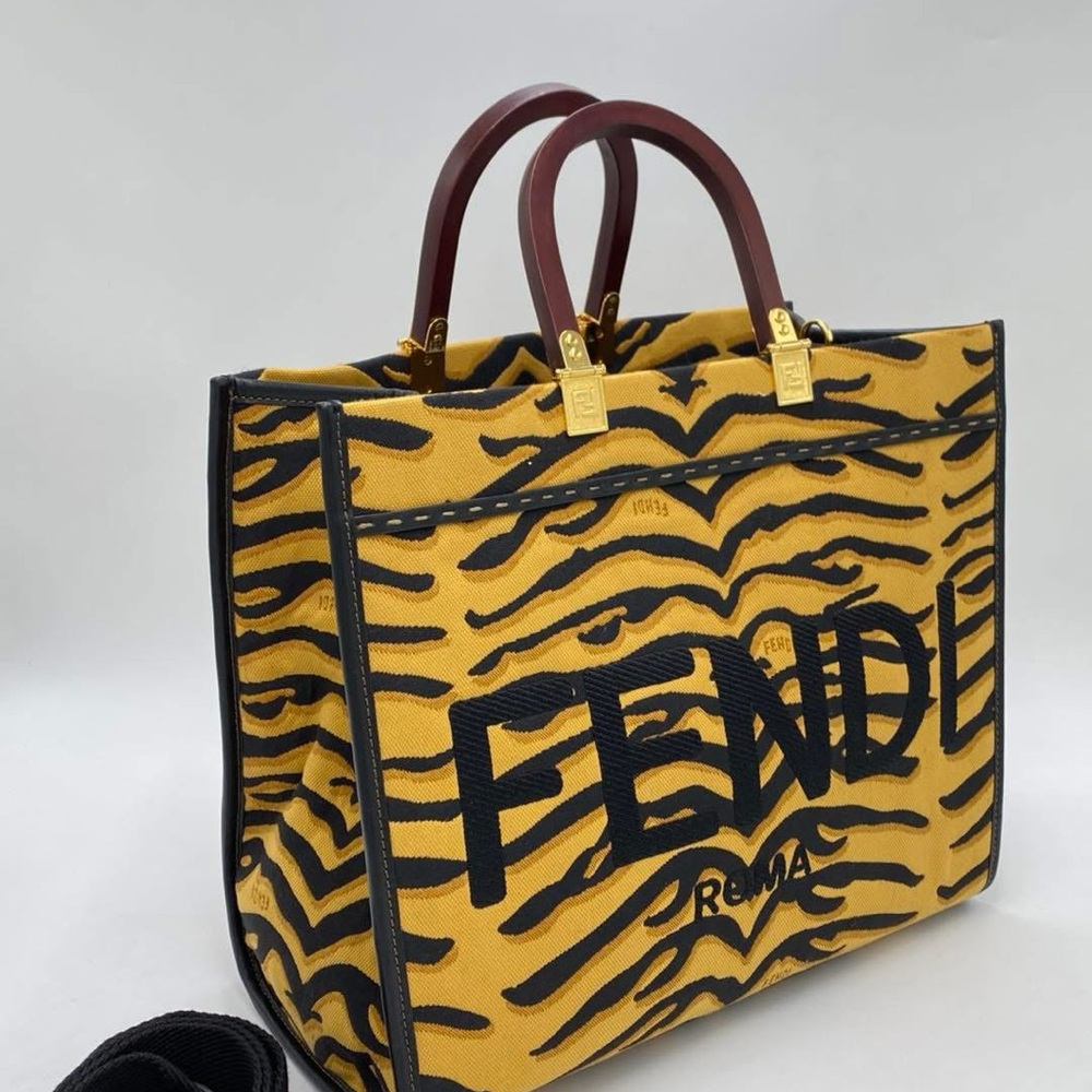 Fendi Yellow and Black Patterned Tote with Red Handles